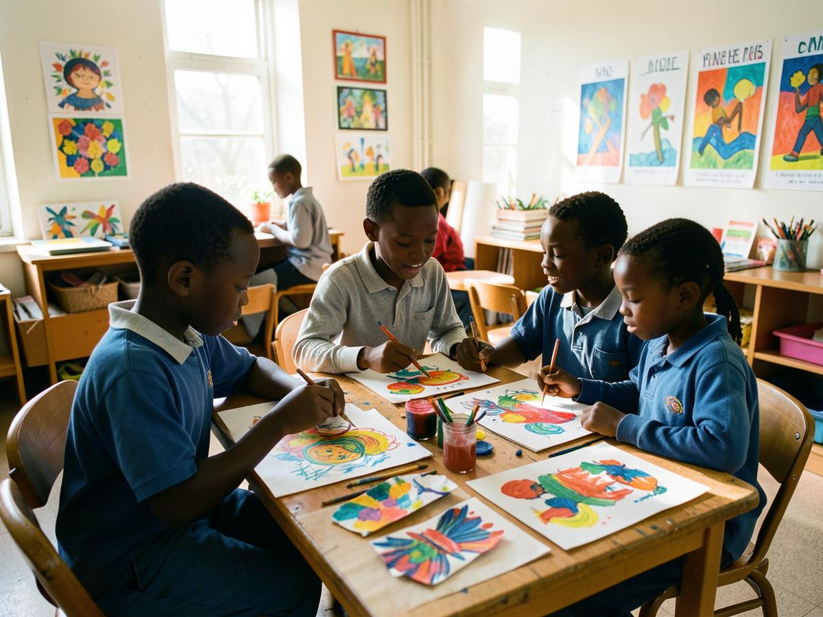 Young learners painting during a creative arts lesson at Millbrook International School